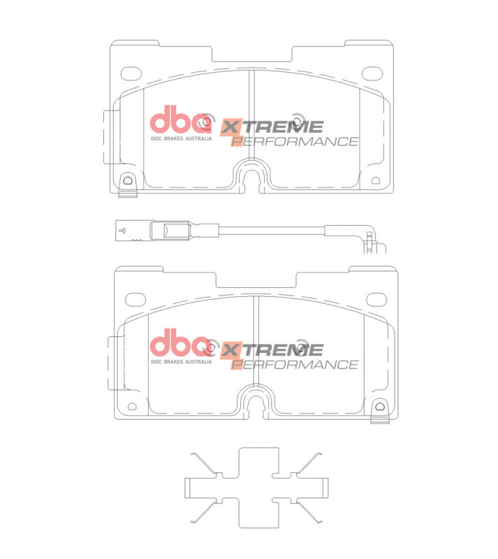 DBA DB15145XP Xtreme Performance front brake pad set with slotted friction faces and fitted shims, view 3