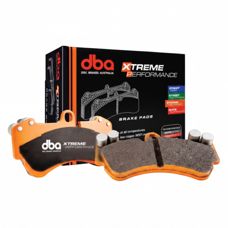 DBA DB15323XP Xtreme Performance front brake pad set for the Volvo S60, slotted with shims