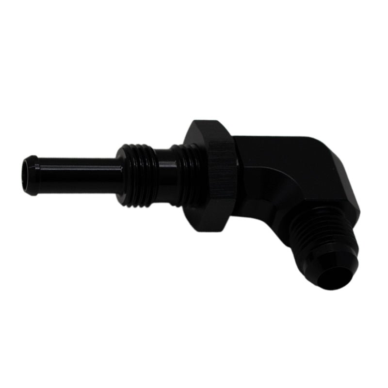 DeatschWerks 6AN Male Flare to 5/16in Male Barb Bulkhead Adapter 90-Degree - Anodized Matte Black - Black Ops Auto Works