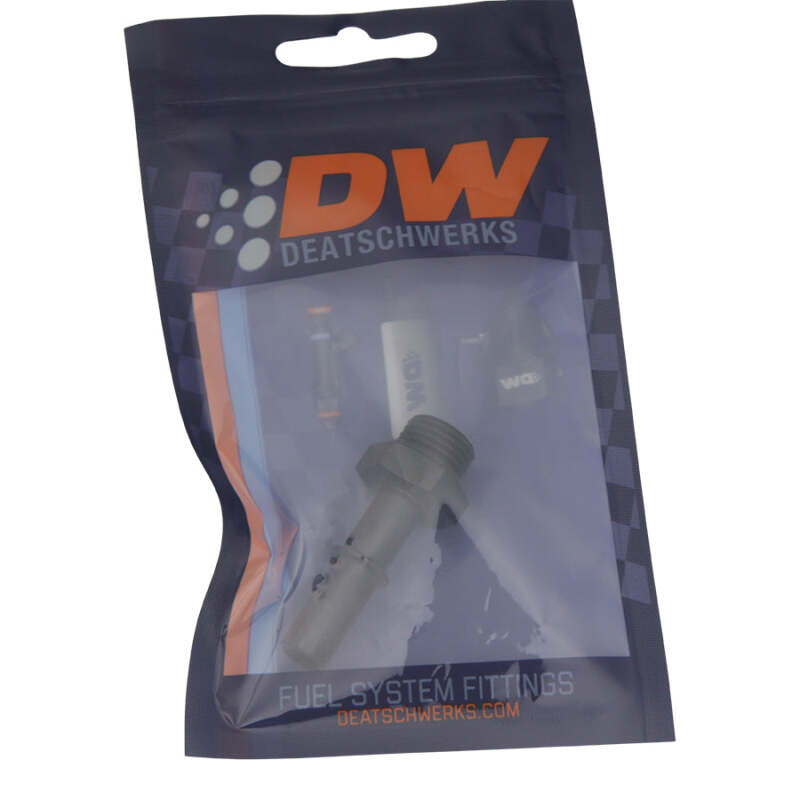 DeatschWerks 6AN ORB to 3/8in adapter installed on fuel line