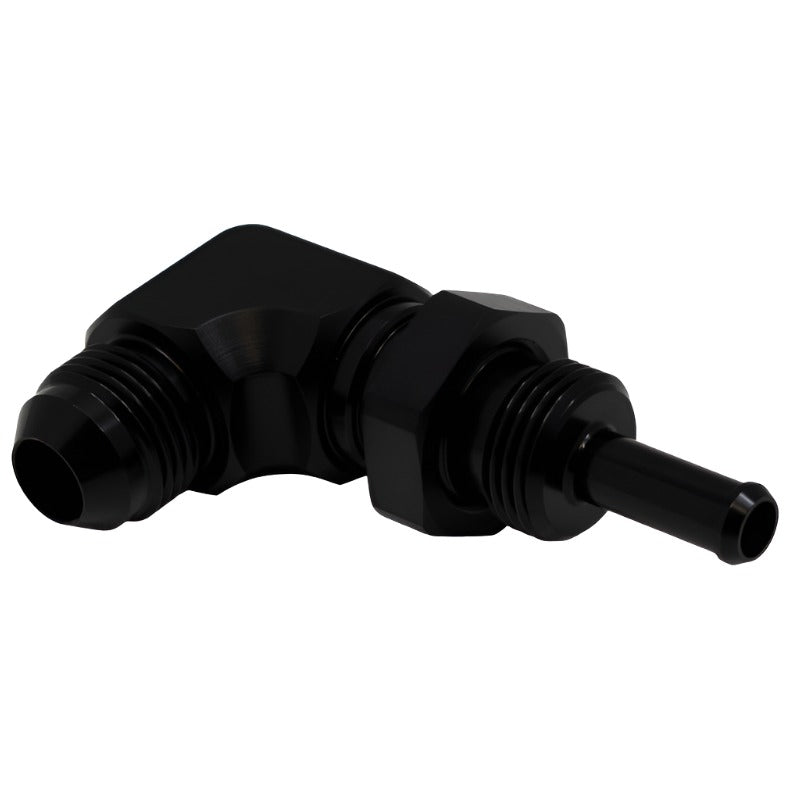 DeatschWerks 8AN Male Flare to 5/16in Male Barb Bulkhead Adapter 90-Degree - Anodized Matte Black - Black Ops Auto Works