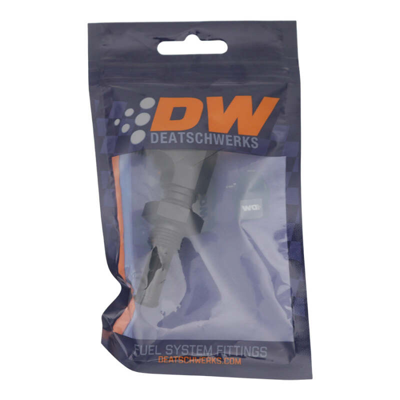 DeatschWerks 90-degree hose barb fitting installed