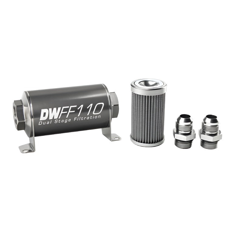 DeatschWerks Stainless Steel 10AN 100 Micron Universal Inline Fuel Filter Housing Kit (110mm) - Black Ops Auto Works