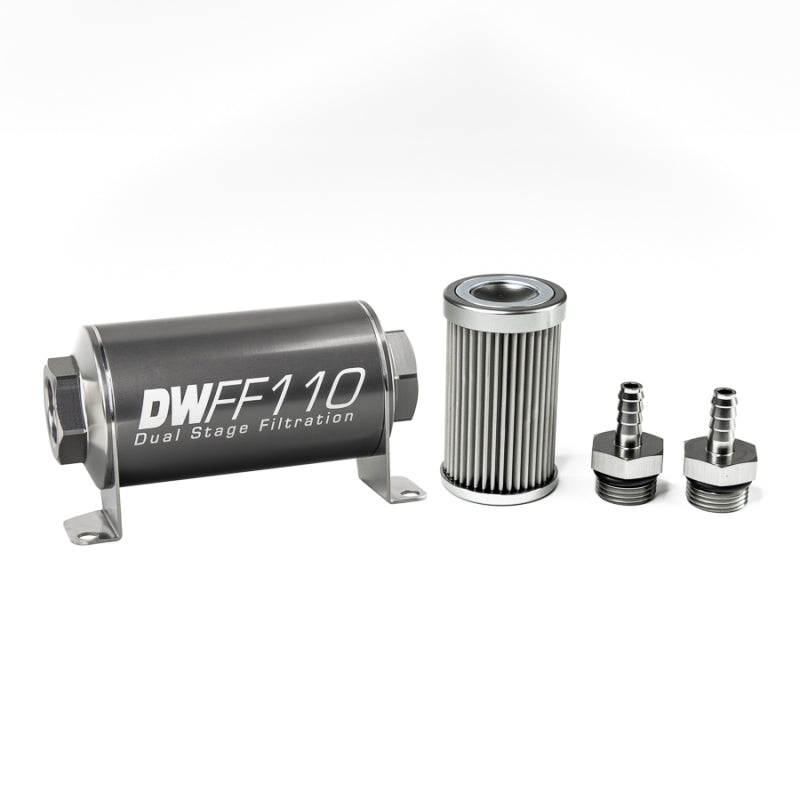 DeatschWerks Stainless Steel 5/16in 10 Micron Universal Inline Fuel Filter Housing Kit (110mm) - Black Ops Auto Works