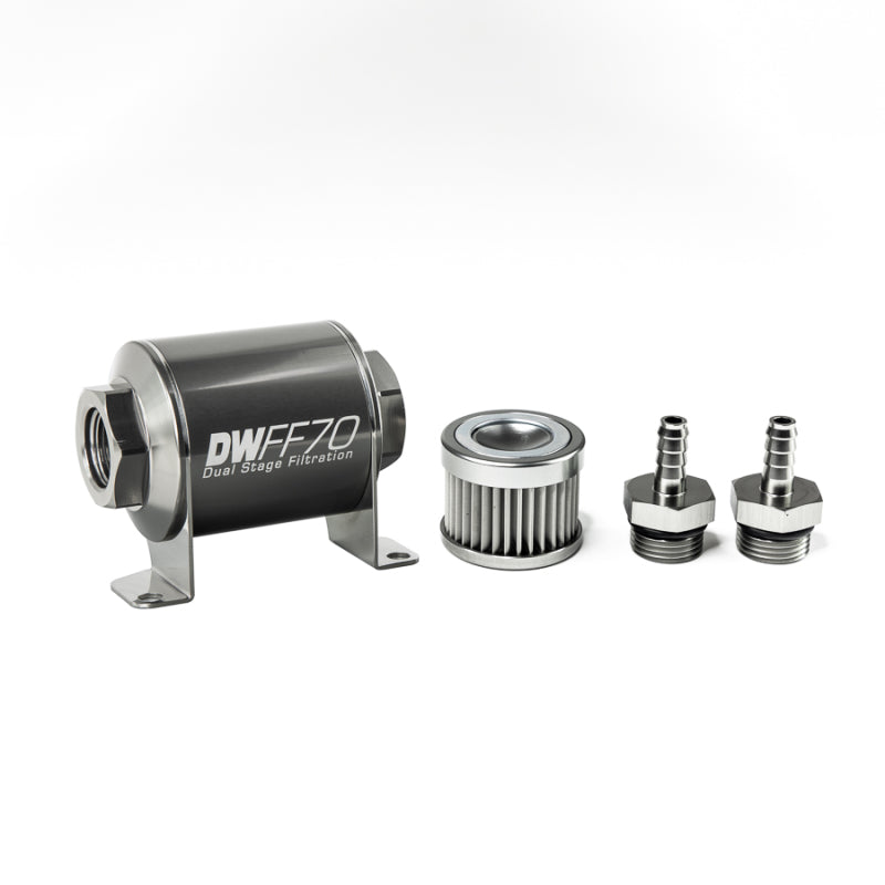 DeatschWerks Stainless Steel 5/16in 10 Micron Universal Inline Fuel Filter Housing Kit (70mm) - Black Ops Auto Works