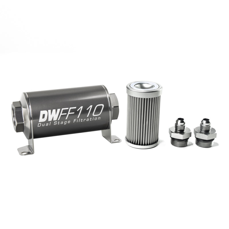 DeatschWerks Stainless Steel 6AN 10 Micron Universal Inline Fuel Filter Housing Kit (110mm) - Black Ops Auto Works