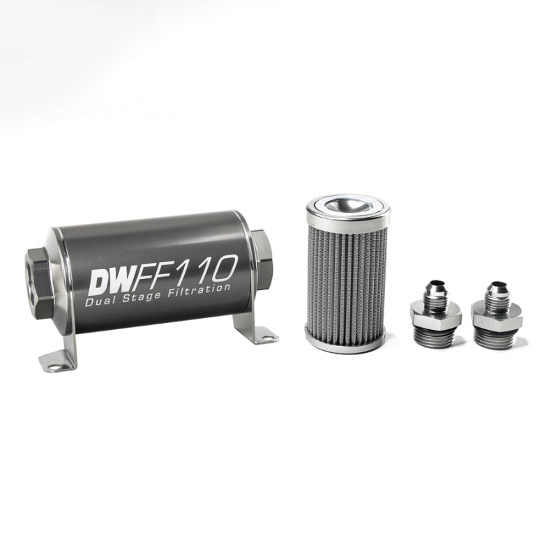 DeatschWerks Stainless Steel 6AN 100 Micron Universal Inline Fuel Filter Housing Kit (110mm) - Black Ops Auto Works
