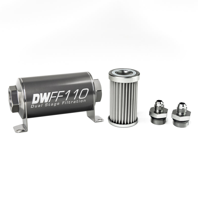 DeatschWerks Stainless Steel 6AN 5 Micron Universal Inline Fuel Filter Housing Kit (110mm) - Black Ops Auto Works