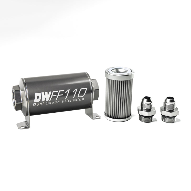 DeatschWerks Stainless Steel 8AN 10 Micron Universal Inline Fuel Filter Housing Kit (110mm) - Black Ops Auto Works