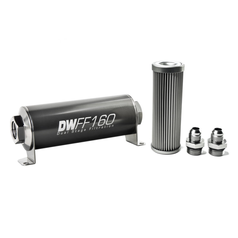 DeatschWerks Stainless Steel 8AN 10 Micron Universal Inline Fuel Filter Housing Kit (160mm) - Black Ops Auto Works