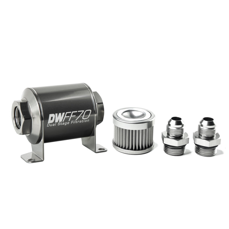 DeatschWerks Stainless Steel 8AN 10 Micron Universal Inline Fuel Filter Housing Kit (70mm) - Black Ops Auto Works