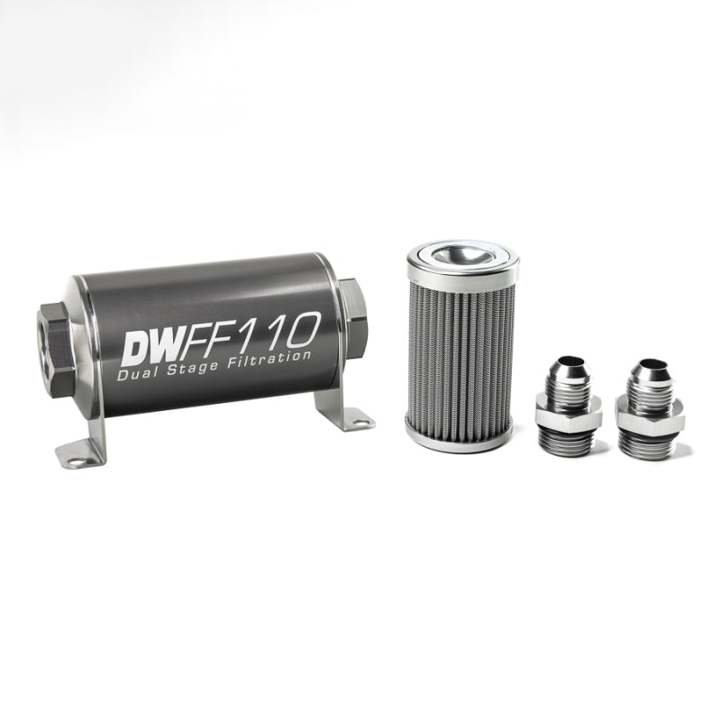DeatschWerks Stainless Steel 8AN 100 Micron Universal Inline Fuel Filter Housing Kit (110mm) - Black Ops Auto Works
