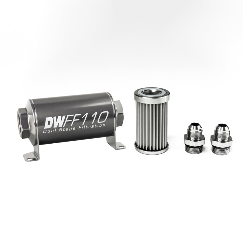 DeatschWerks Stainless Steel 8AN 5 Micron Universal Inline Fuel Filter Housing Kit (110mm) - Black Ops Auto Works