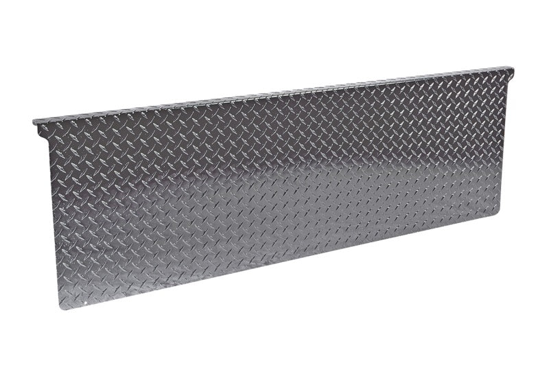 Close-up of Dee Zee black diamond plate finish and edge wrap on tailgate cap