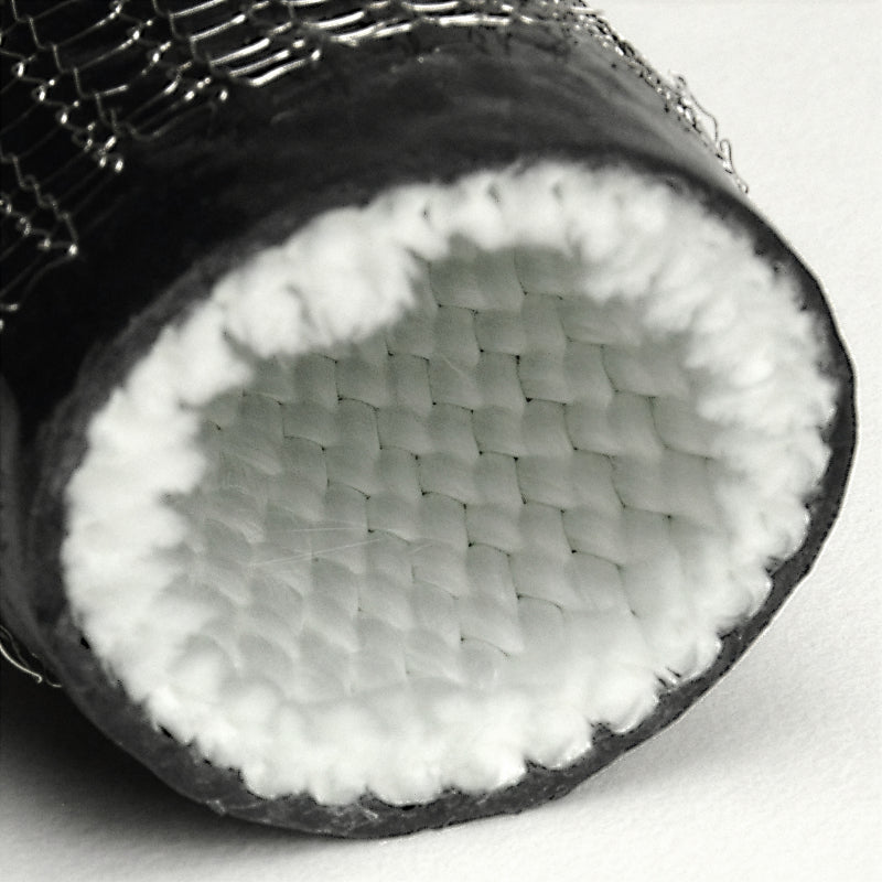 Close-up cross-section of DEI Fire Sleeve showing woven silica fiber weave