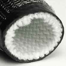 Load image into Gallery viewer, Close-up cross-section of DEI Fire Sleeve showing woven silica fiber weave