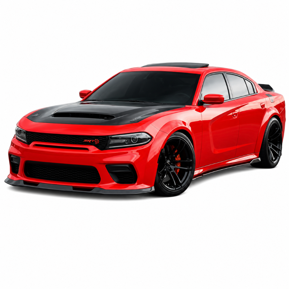Side angle of Dodge Charger Widebody with Black Ops front splitter