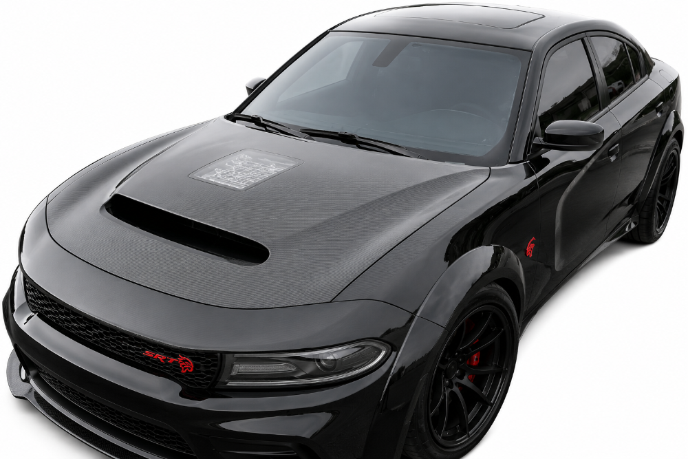 Front angle view of Dodge Charger with Black Ops Demon Window Hood installed