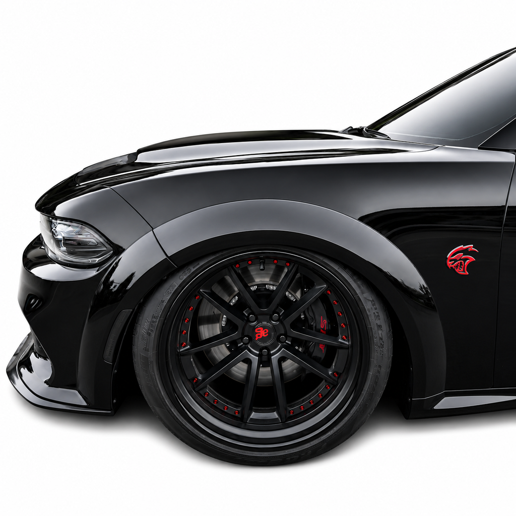 Side angle of Dodge Charger Widebody with Black Ops Demon Window Hood installed