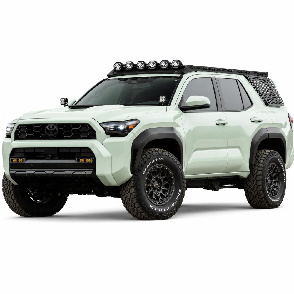 White 2025 Toyota 4Runner with DV8 exterior window Molle panel and roof rack