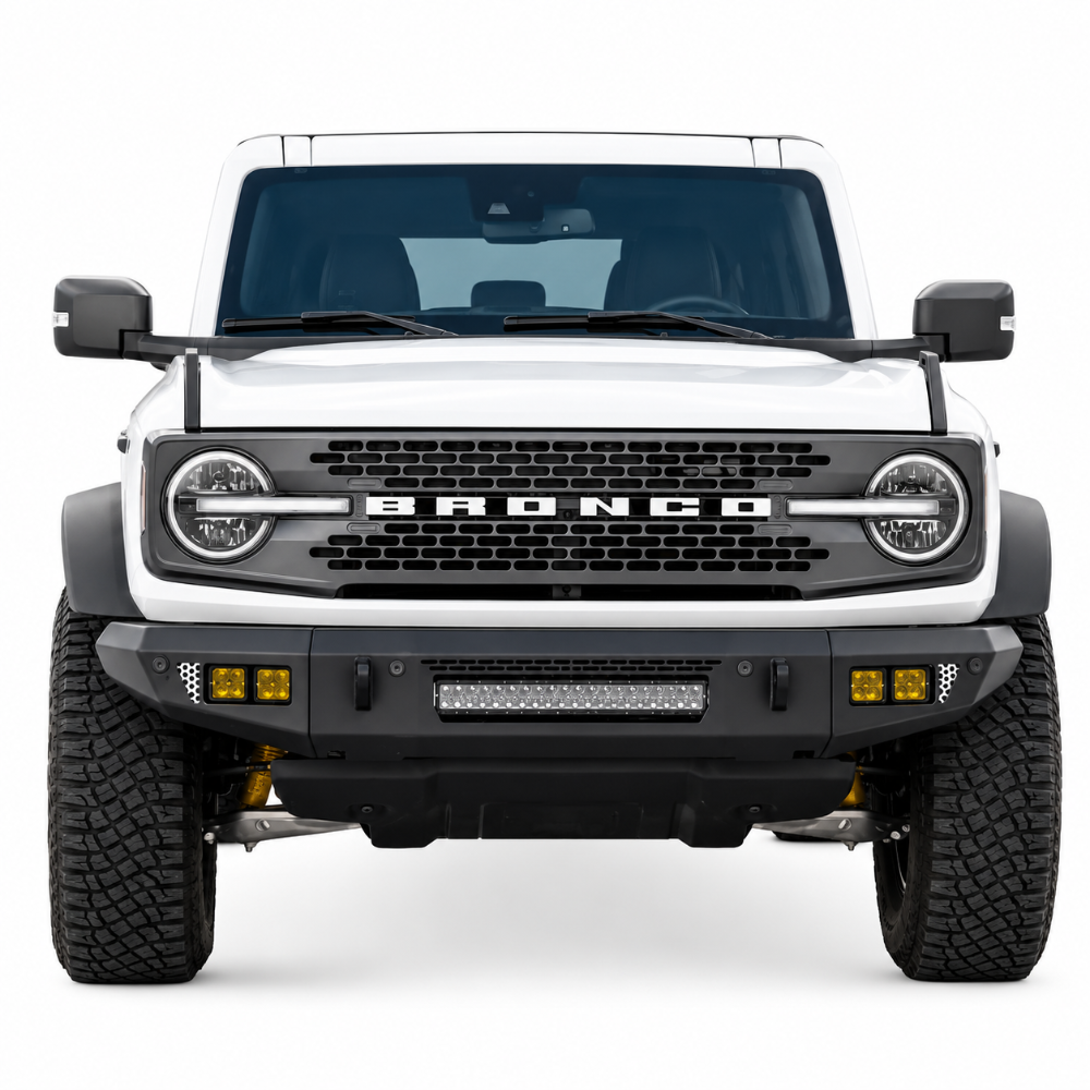 DV8 OE Plus front bumper retaining factory adaptive cruise control on a Ford Bronco