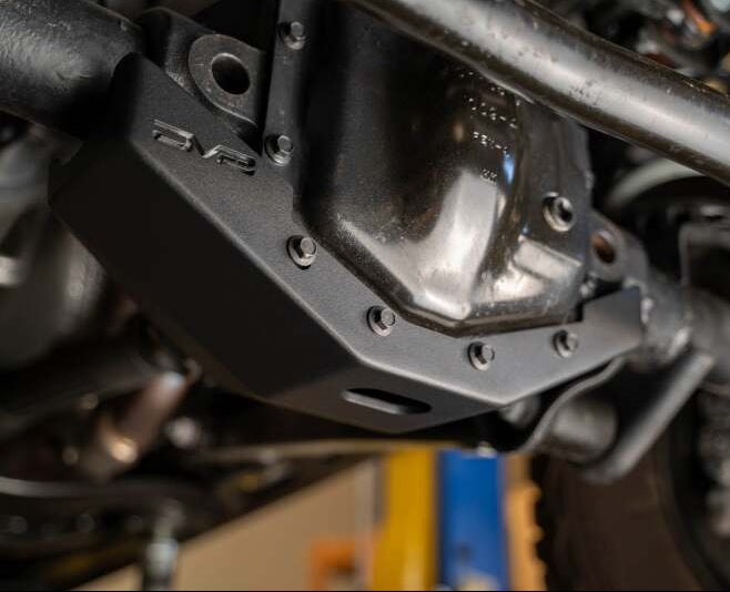 DV8 Jeep bolt-on front skid plate with 5-point mounting and paintable aluminum logo plate
