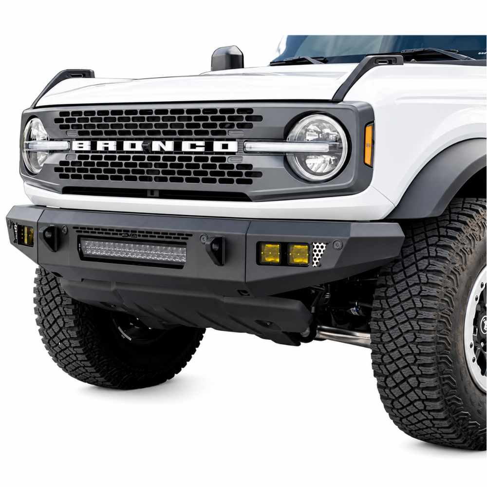 DV8 OE Plus V2 black steel front bumper installed on a Ford Bronco