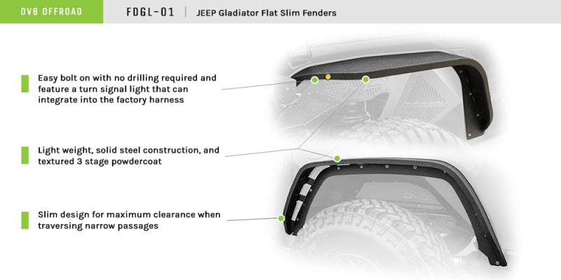 DV8 Offroad 2019+ Jeep Gladiator Fat Slim Fenders - Black Ops Auto Works