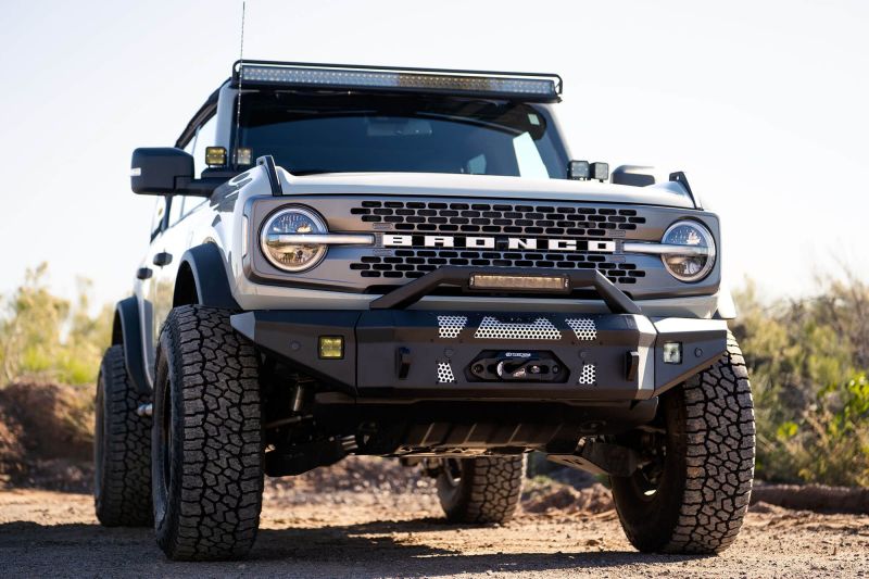 DV8 Offroad 2021+ Ford Bronco Front Bumper Winch Capable w/ Optional Bull Bar/Aux Light Opening - Black Ops Auto Works
