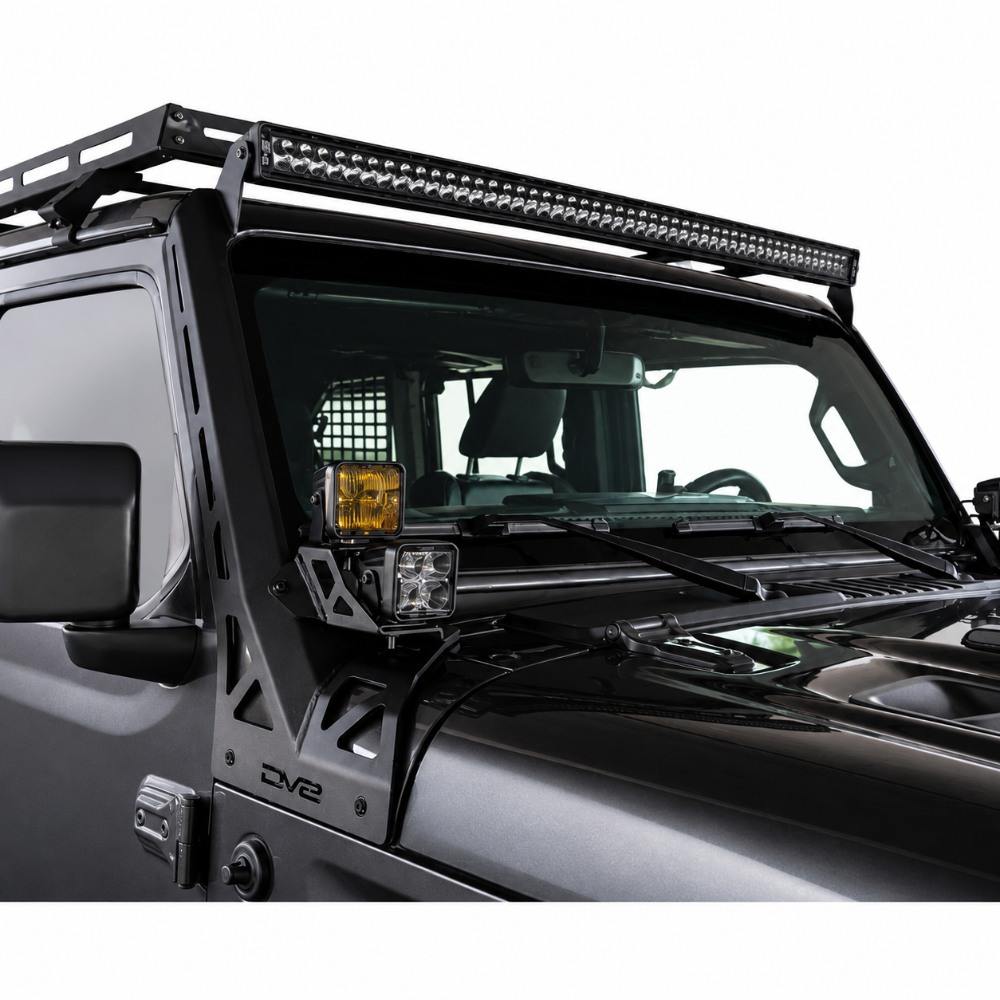 DV8 Offroad Jeep JL windshield light bar bracket for above-windshield LED lighting