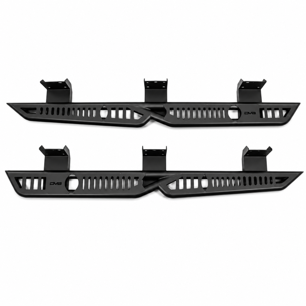 DV8 Offroad OE Plus side steps for 2019-2025 RAM 1500 Crew Cab in black steel