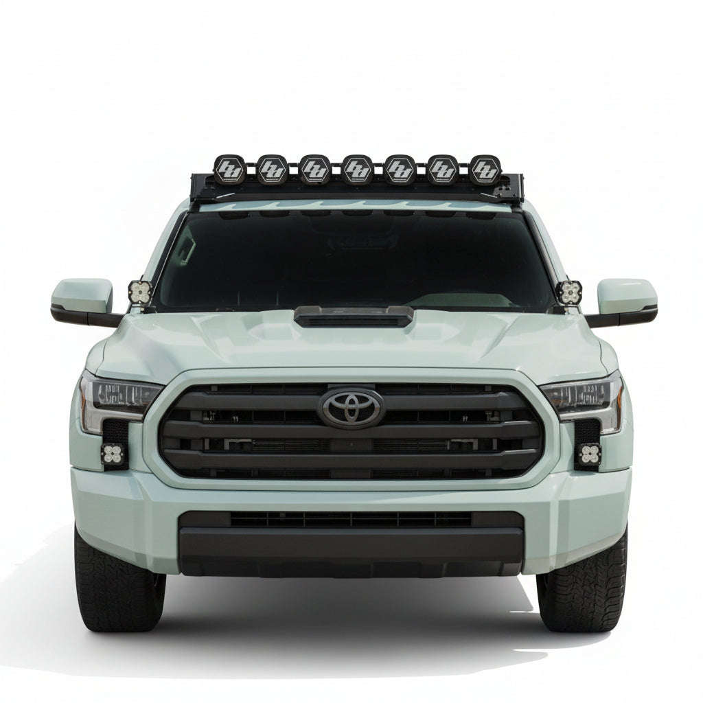 Close-up of the mount's bolt-on bracket that attaches to the DV8 roof rack light option.