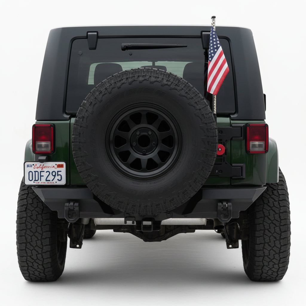 Close-up of the mount installed on a DV8 exterior molle panel on a rear window rack.