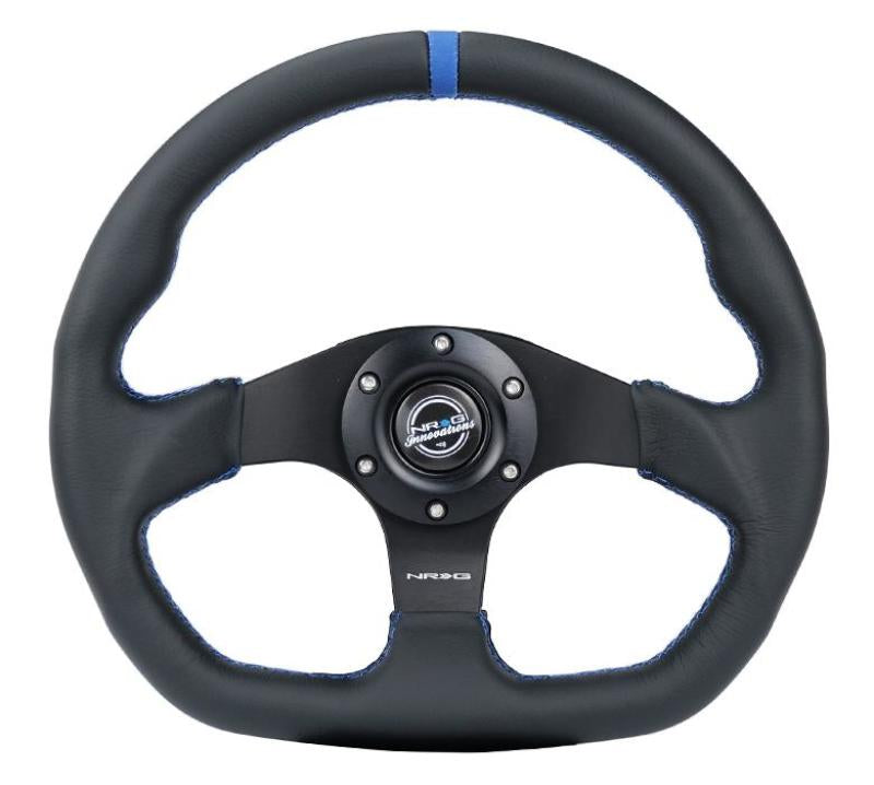 NRGRST-024MB-R-BL-NRG Reinforced Steering Wheel (320mm) Sport Leather Flat Bottom w/ Blue Center/ Blue Stitching-Steering Wheels-NRG