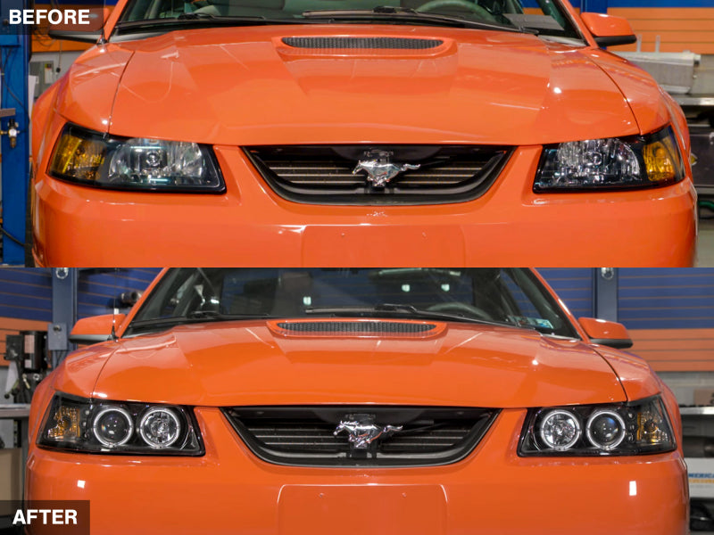 Raxiom 99-04 Ford Mustang Dual LED Halo Projector Headlights- Black Housing (Clear Lens)-Headlights-Raxiom