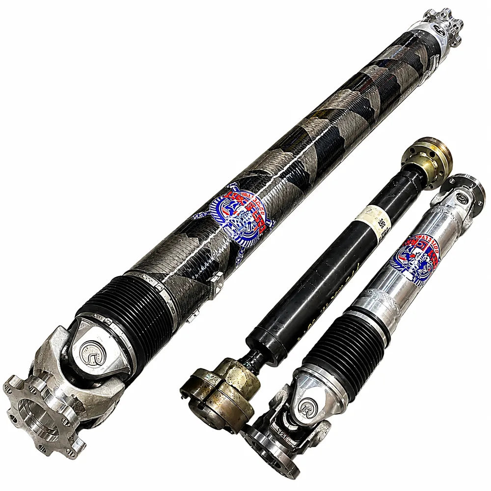 East Coast Driveline HD Driveshaft Kit carbon fiber shaft with comparison shafts angled view