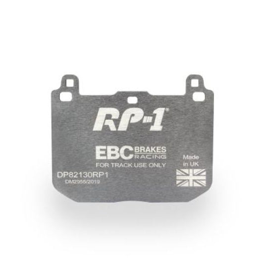 EBC Racing RP-1 brake pad, front view showing RP-1 branding and backing plate