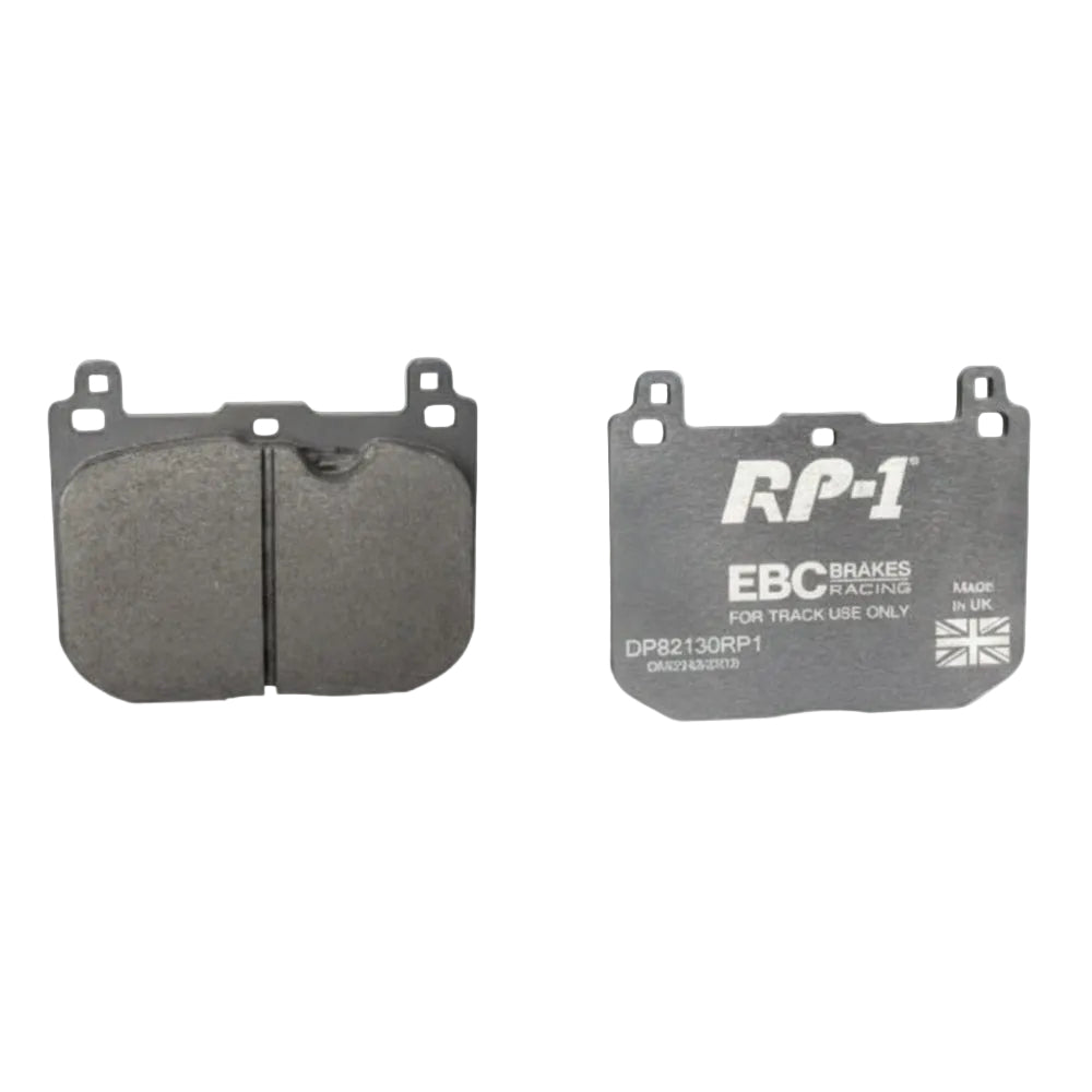 EBC Racing RP-1 brake pad pair, front and rear view showing friction material and shim
