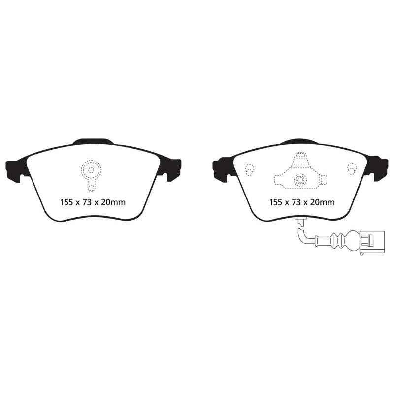 EBC Racing RP-1 brake pad diagram showing pad dimensions and wear sensor wiring