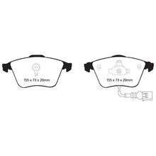 Load image into Gallery viewer, EBC Racing RP-1 brake pad diagram showing pad dimensions and wear sensor wiring