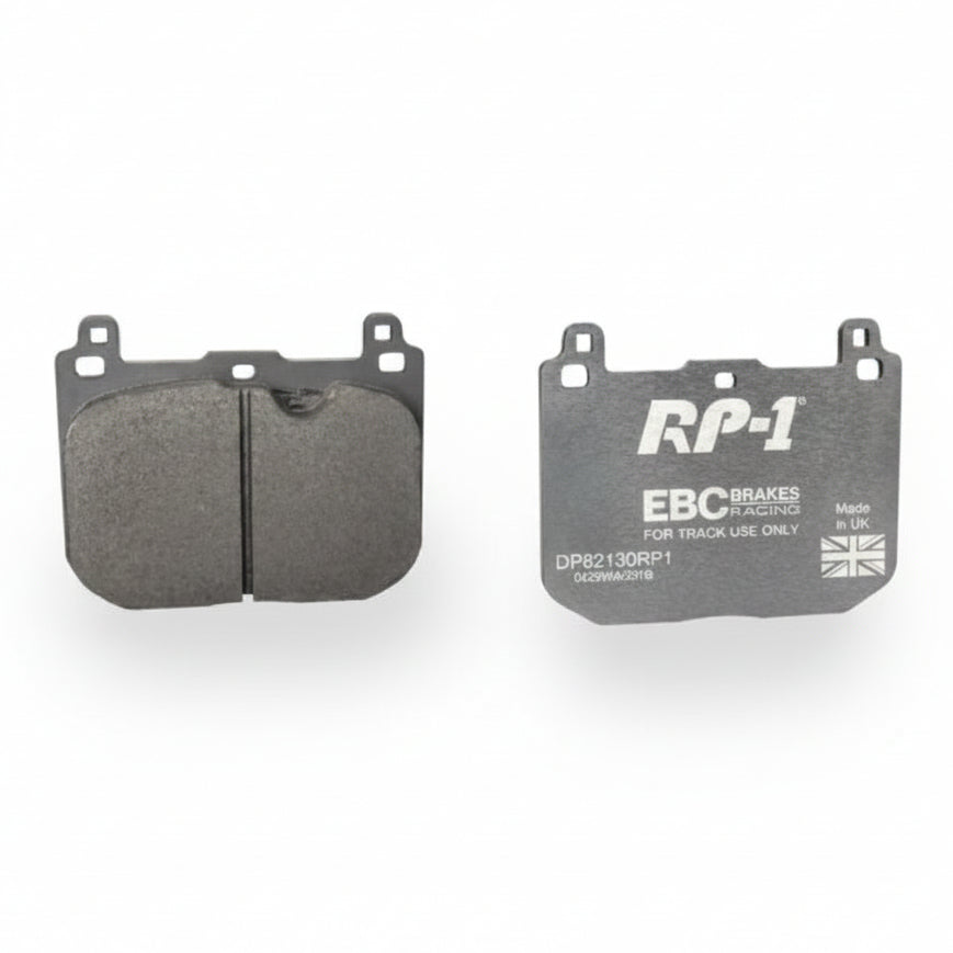 EBC Racing RP-1 brake pad set, rear view showing wear sensor wiring