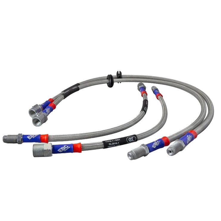 Close-up of stainless steel braided hose and fittings