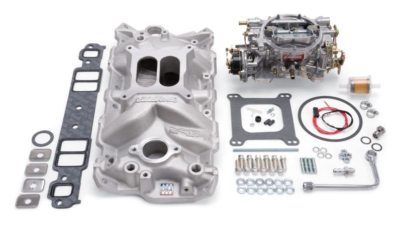 Edelbrock Manifold And Carb Kit Performer Eps Small Block Chevrolet 1957-1986 Natural Finish - Black Ops Auto Works