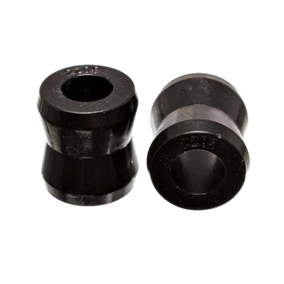 Pair of black Energy Suspension polyurethane shock eye bushings angled view