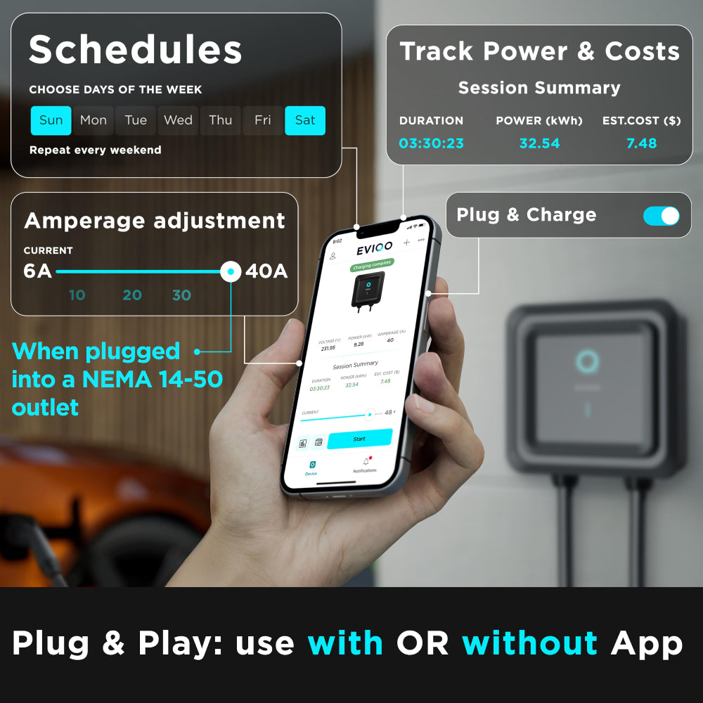EVIQO Level 2 EV Charger, 48A (11.5kW), 240V, NEMA 14-50 Plug-in, J1772 for Non-Tesla EVs - EVIQO POWER