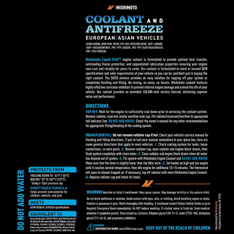 Mishimoto Liquid Chill EG Coolant, European/Asian Vehicles, Blue-Coolants-Mishimoto