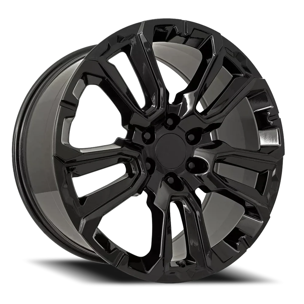 Factory Reproductions FR 201 GM Split 5 Spoke Replica GB 22x9 +28 6x139.7mm 78.1mm Gloss Black – three-quarter view