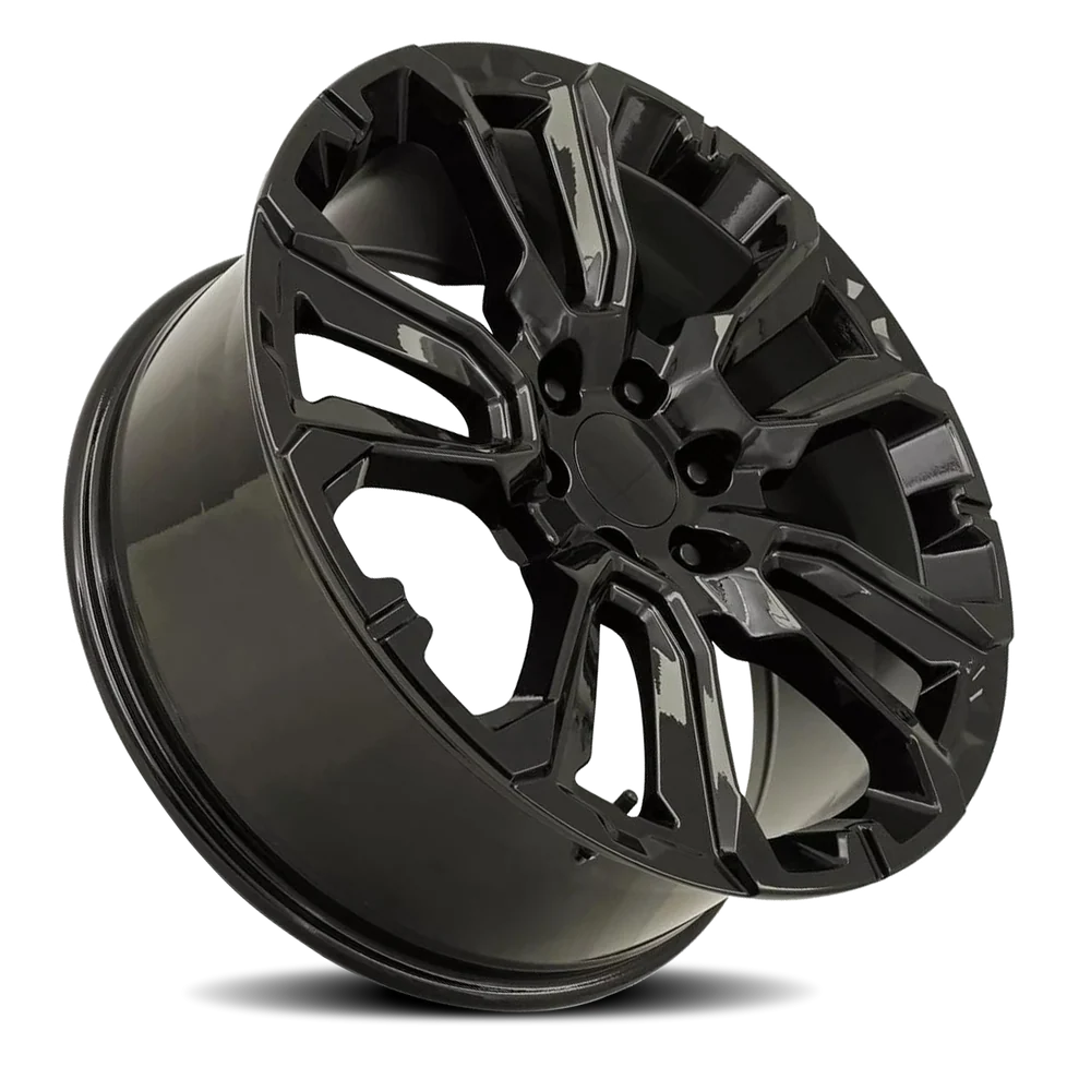 Factory Reproductions FR 201 GM Split 5 Spoke Replica GB 22x9 +28 6x139.7mm 78.1mm Gloss Black – alternate angle 2