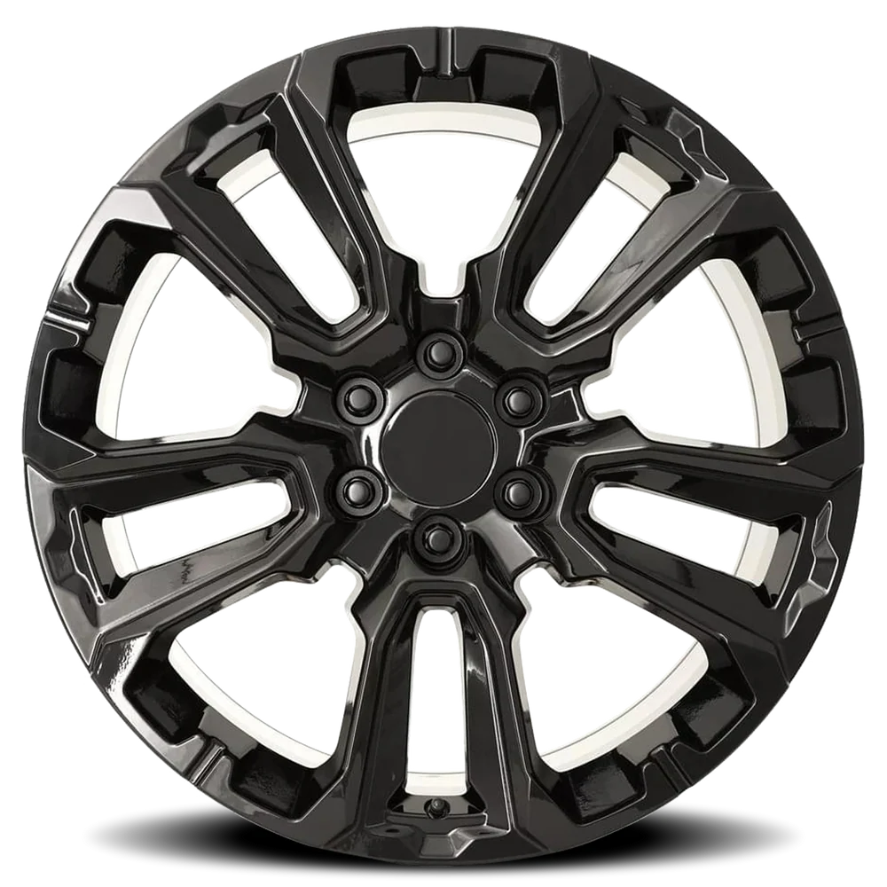 Factory Reproductions FR 201 GM Split 5 Spoke Replica GB 22x9 +28 6x139.7mm 78.1mm Gloss Black – front view