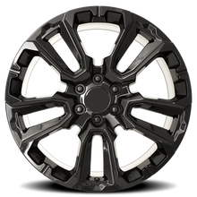 Load image into Gallery viewer, Factory Reproductions FR 201 GM Split 5 Spoke Replica GB 22x9 +28 6x139.7mm 78.1mm Gloss Black – front view